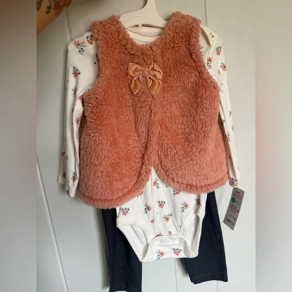 Plush Bow Vest & Floral Bodysuit Set - Dusty Rose